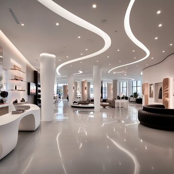 Modern, minimalist retail store layout, colored recessed lighting details