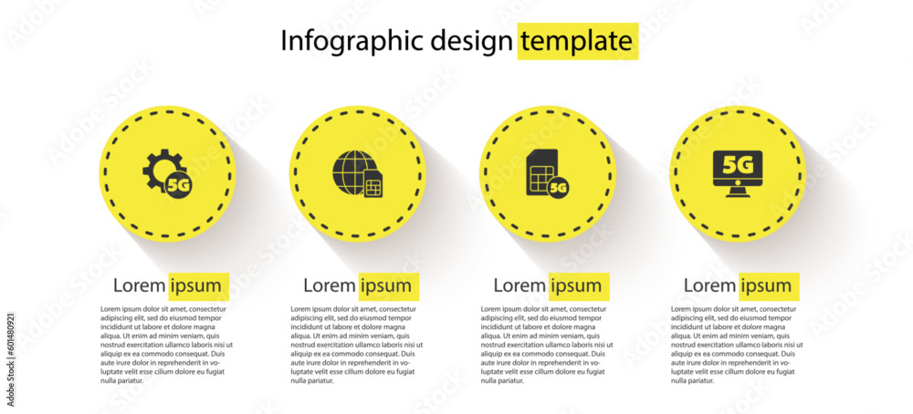 Poster Set Setting 5G network, Globe Sim Card, and Monitor with. Business infographic template. Vector