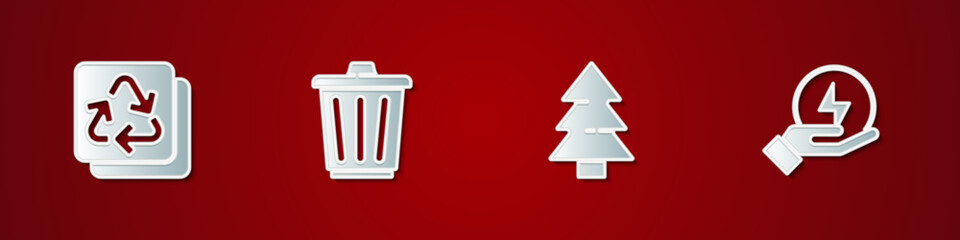 Set Recycle, Trash can, Christmas tree and Lightning bolt icon. Vector