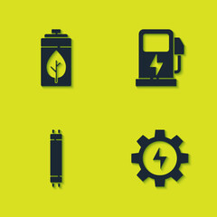 Set Eco nature leaf and battery, Gear lightning, Fluorescent lamp and Electric car charging station icon. Vector