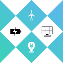 Set Battery, Electric plug, Wind turbine and Solar energy panel icon. Vector