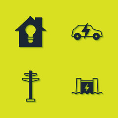 Set Smart house and light bulb, Hydroelectric dam, Electric tower and car icon. Vector