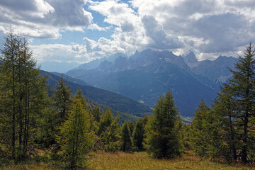 View to the mountain peaks of the famous Sesto Dolomites, Alps, south tyrol, Italy, Europe