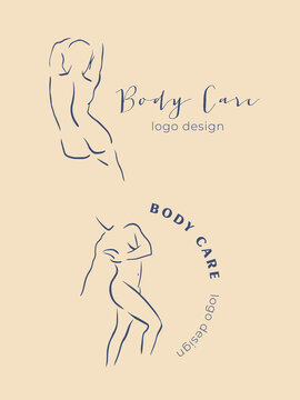Trendy line art logo with woman body. Minimalistic blue drawing. Female figure continuous line abstract drawing. Modern logo design. Naked body vector illustration.
