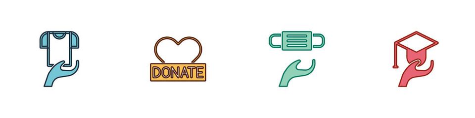 Set Clothes donation, Donation and charity, Medical protective mask and Education grant icon. Vector