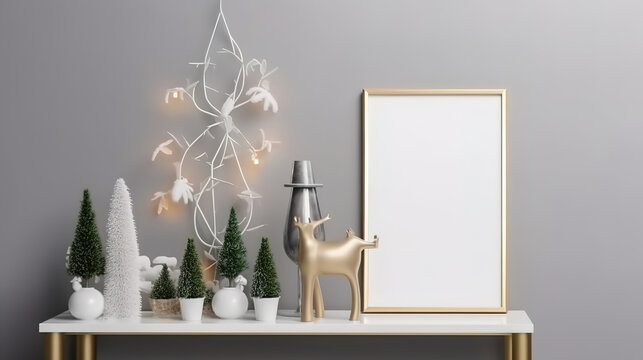 Christmas background empty wooden picture frame mock up and decoration. Generative Ai