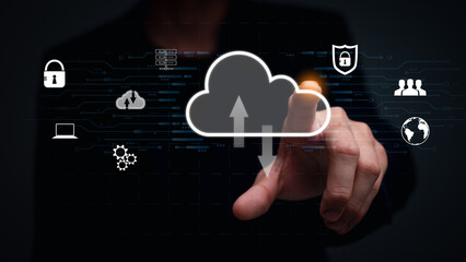 man touch on cloud computer diagram show on hand. Technology internet online storage network. Cloud technology. Data storage, data transfer, Networking and internet service concept.
