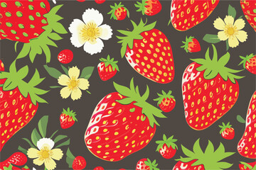 Vector background with berries and 
flowers of strawberry. Pattern with red berries.