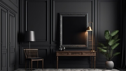 Mock-up poster frame in dark classic interior background, modern style. Generative Ai