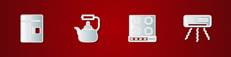 Set Refrigerator, Kettle with handle, Gas stove and Air conditioner icon. Vector