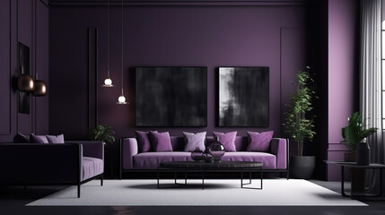 Mockup poster in dark violet monochrome modern living room interior background. Generative Ai
