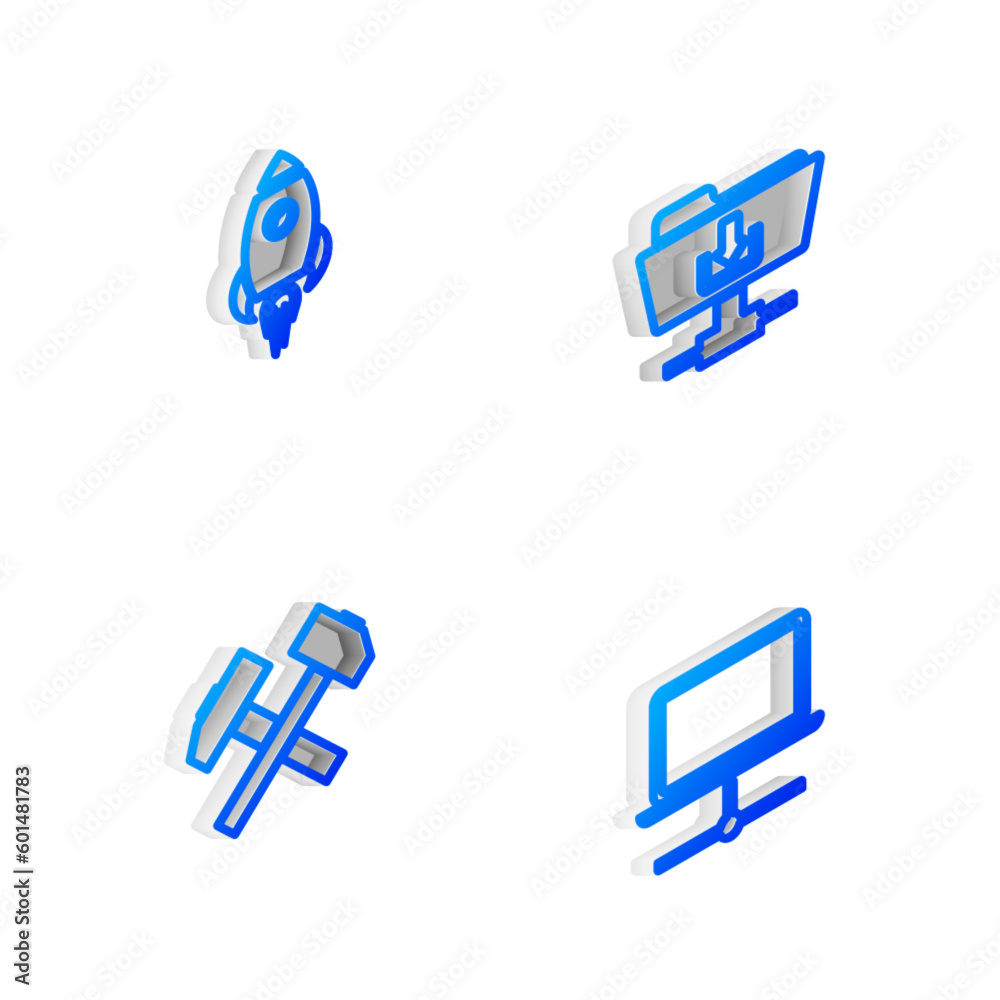 Poster set isometric line ftp folder download, rocket ship with fire, two crossed hammers and computer netw