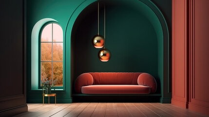 Simple interior background, room in rich colors with minimal decor. Generative Ai
