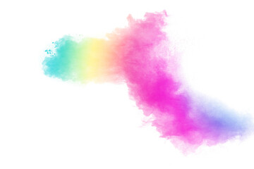 Colorful powder explosion on white background. Abstract pastel color dust particles splash.