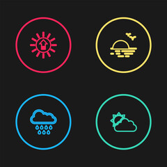 Set line Cloud with rain, Sun and cloud weather, Sunset and icon. Vector