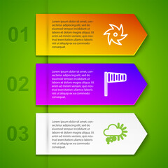 Set line Tornado, Cone windsock wind vane, Cloudy with snow and meteorology. Business infographic template. Vector