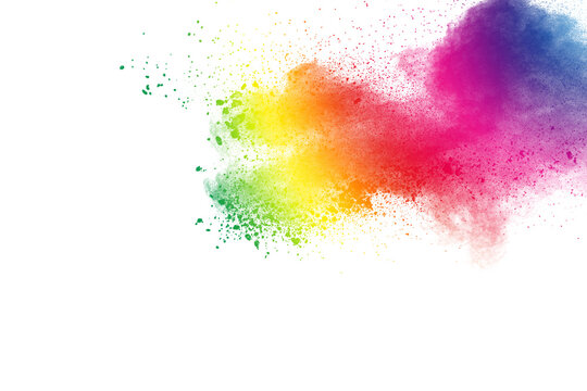 Multicolored powder explosion on white background.