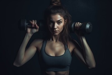 Athletic girl working out with dumbbells on gray background. Fitness woman doing exercise, Generative AI Technology