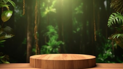 Obraz na płótnie Canvas Wooden podium in forest for product presentation, Generative Ai