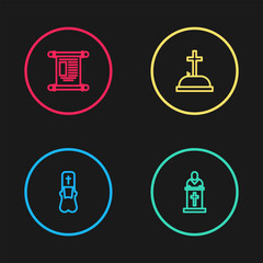 Set line Priest, Church pastor preaching, Tombstone with cross and Decree, paper, parchment, scroll icon. Vector