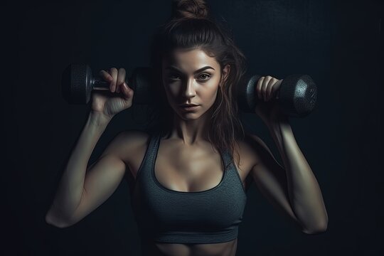 Athletic girl working out with dumbbells on gray background. Fitness woman doing exercise, Generative AI Technology