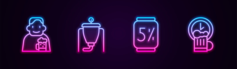 Set line Happy man with beer, Beer brewing process, can and hour. Glowing neon icon. Vector