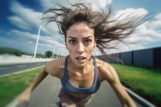 Young fit woman does running, jogging training wide angle lens, Generative AI Technology