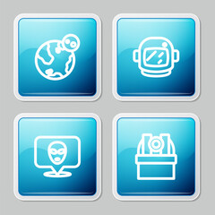 Set line Earth globe, Astronaut helmet, Alien and Astronomical observatory icon. Vector