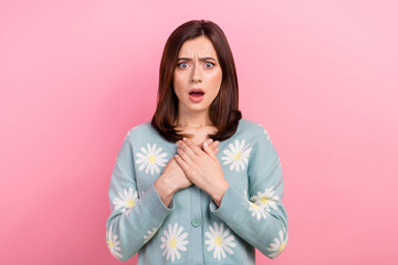 Photo of pretty shocked woman dressed teal outfit open mouth arms chest isolated pink color background