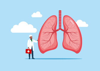 The physician, specialist holds a big sign - Human lungs,  respiratory system. Internal organ inspection check for illness. Anatomy, medicine concept. Healthcare. Vector illustration.  - obrazy, fototapety, plakaty