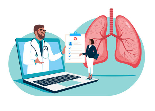 Online doctor сonsultate with a patient. Respiratory system examination and treatment. Internal organ inspection check for illness, disease or problems. Internet Medical Hospital Diagnostics. 