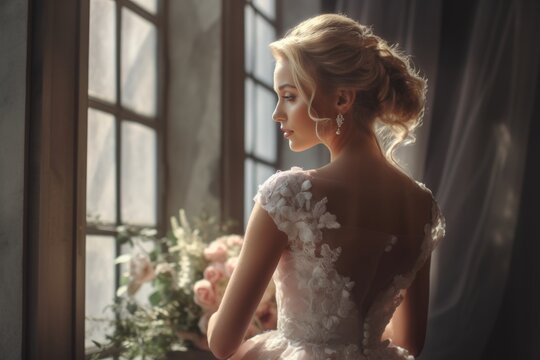 Portrait of the beautiful bride in  wedding dress against a window indoors, ai generative