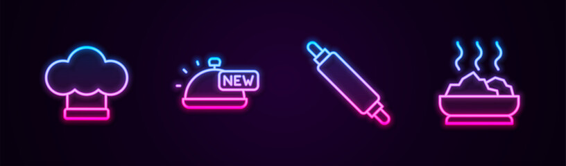 Set line Chef hat, Covered with tray of food, Rolling pin and Bowl hot soup. Glowing neon icon. Vector