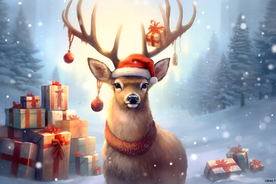 concept of merry christmas and happy new year. christmas cartoon cute deer with new year gifts new year card Generative 
