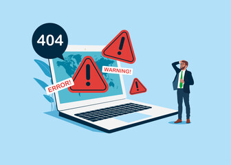 Site Construction with programmer at Huge laptop Monitor with Internet Problem Warning. System Work Error. Flat vector illustration