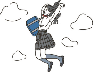 青空の下でジャンプをする笑顔の女子学生