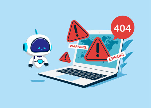 Site  Construction with Artificial intelligence robot at Huge Computer Monitor with Internet Problem Warning. System Work Error, 404 Maintenance Page Not Found. 