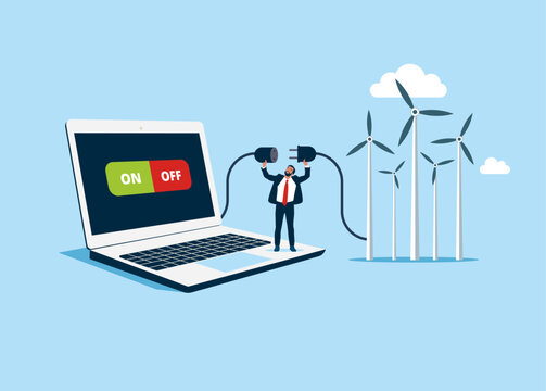 Businessman unplugging the computer and being offline. Modern vector illustration in flat style