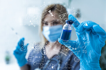 science, research and chemistry concept - young scientist in safety glasses with test tube and virtual projection of chemical formula.