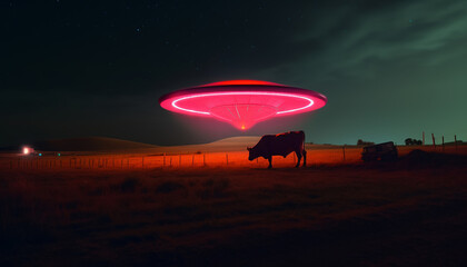 Fototapeta na wymiar Cow abduction by aliens on a flying saucer in neon light at night in a field, generated by AI
