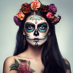 Dia de los muertos, Mexican holiday of the dead and halloween. Woman with sugar skull make up and flowers. Generative AI