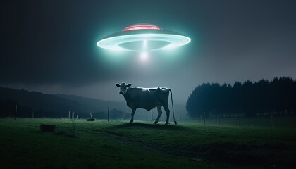 Cow abduction by aliens on a flying saucer in neon light at night in a field, generated by AI - obrazy, fototapety, plakaty