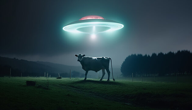 Cow abduction by aliens on a flying saucer in neon light at night in a field, generated by AI