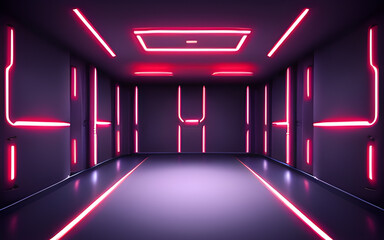 3d cyber neon red empty room gaming room. Generative AI