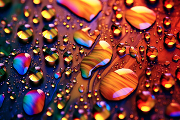 macro Large beautiful drops of transparent rain water on dew drops in the morning glow in the sun. colorful bright colored background Generative AI