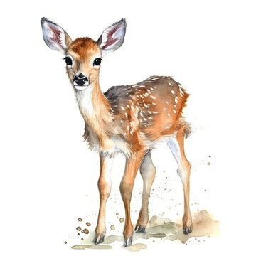 Baby Deer watercolor with ink outline on white background, high detailed (generative AI)