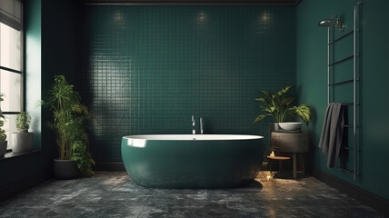 Naklejka na ściany i meble Dark green rustic bathroom, wall mock up, 3D render, Bright color. Generative Ai