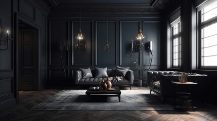 Dark living room interior, farmhouse style, 3d render, Bright color. Generative Ai