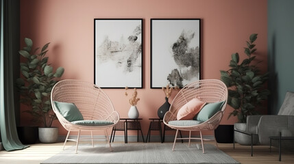 Home interior with rattan chairs, flowers and poster mockup. Generative Ai