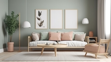 Stylish scandinavian composition of living room with design armchair. Generative Ai